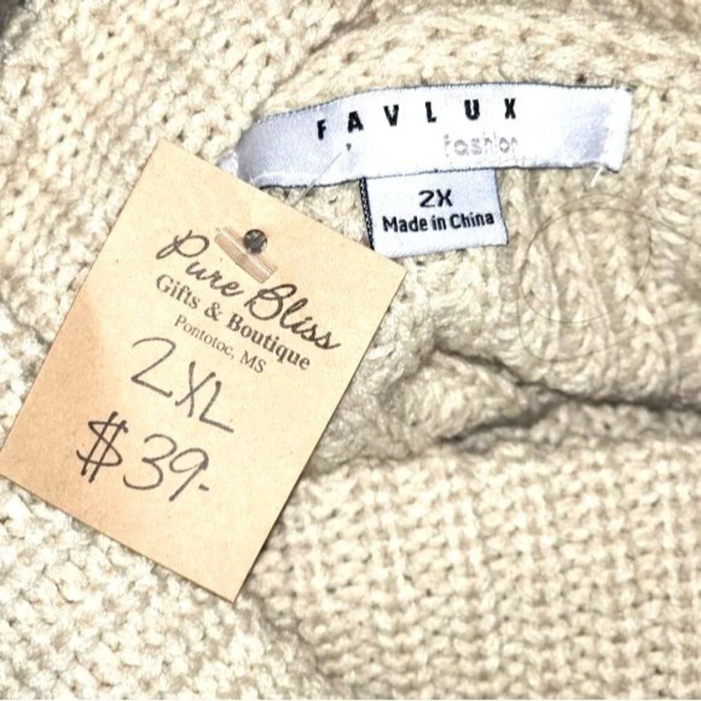 Favlux Fashion NWT Beige Chunky‎ Knit Cowl Neck Sweater Plus Size 2X